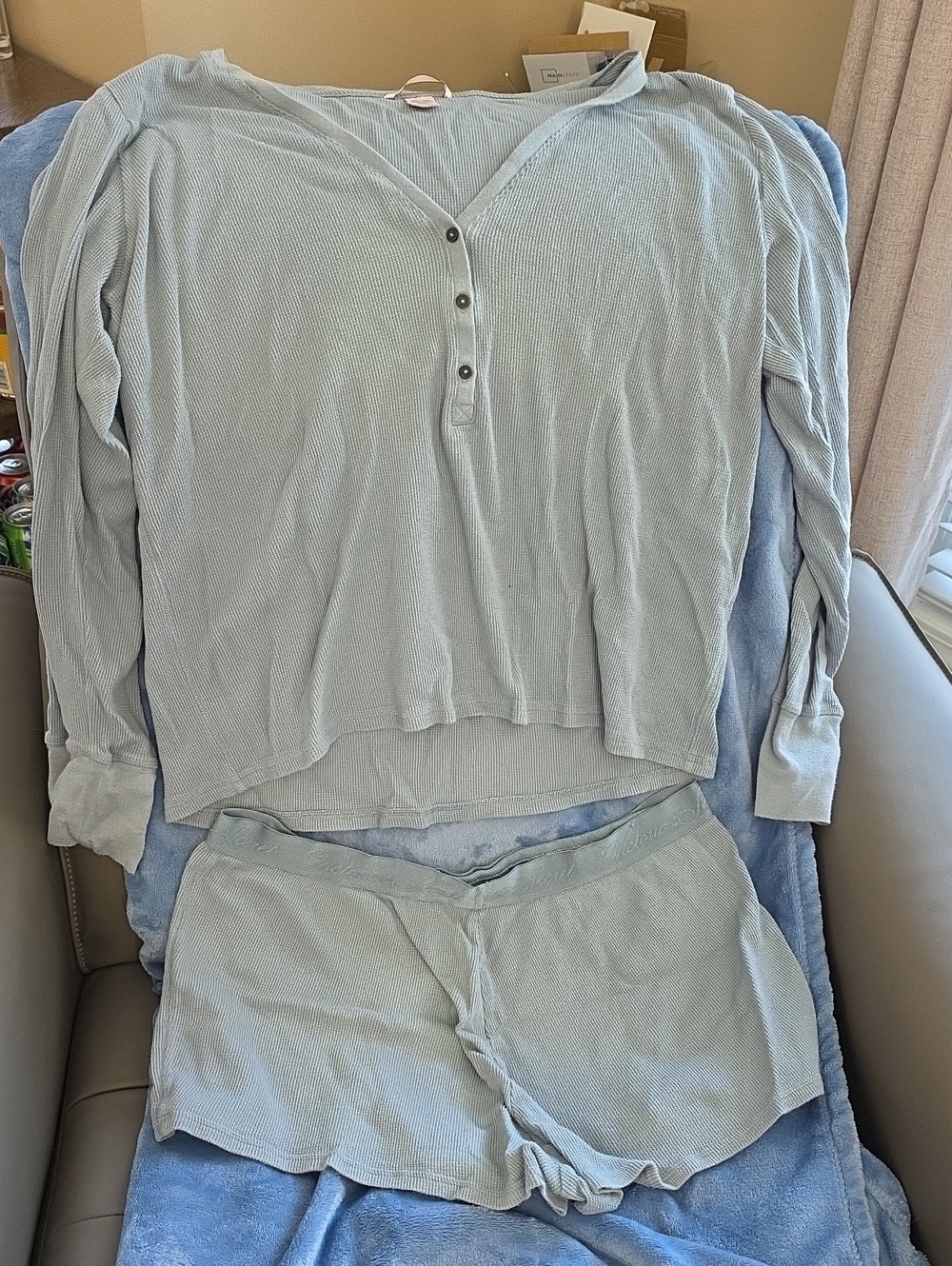 Victoria's Secret Light Blue Waffle-Knit Henley Top & Shorts Sleep Set